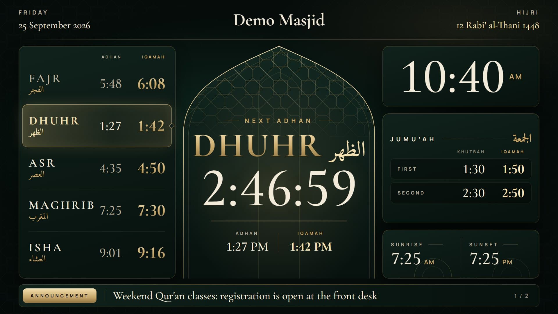 The NizamOS Mosque TV display showing today's adhan and iqamah times, a countdown to Dhuhr, Jumu'ah times, sunrise and sunset, and an announcement ticker