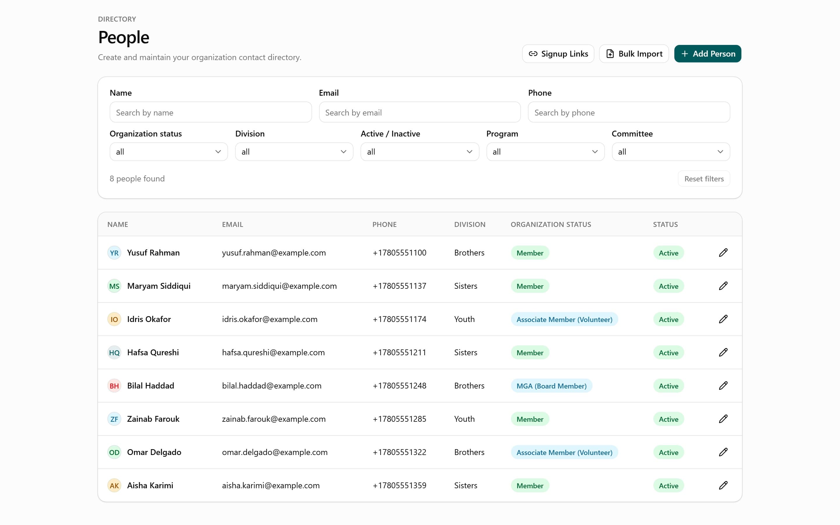 The NizamOS People directory with filters for division, program and committee, shown with sample data